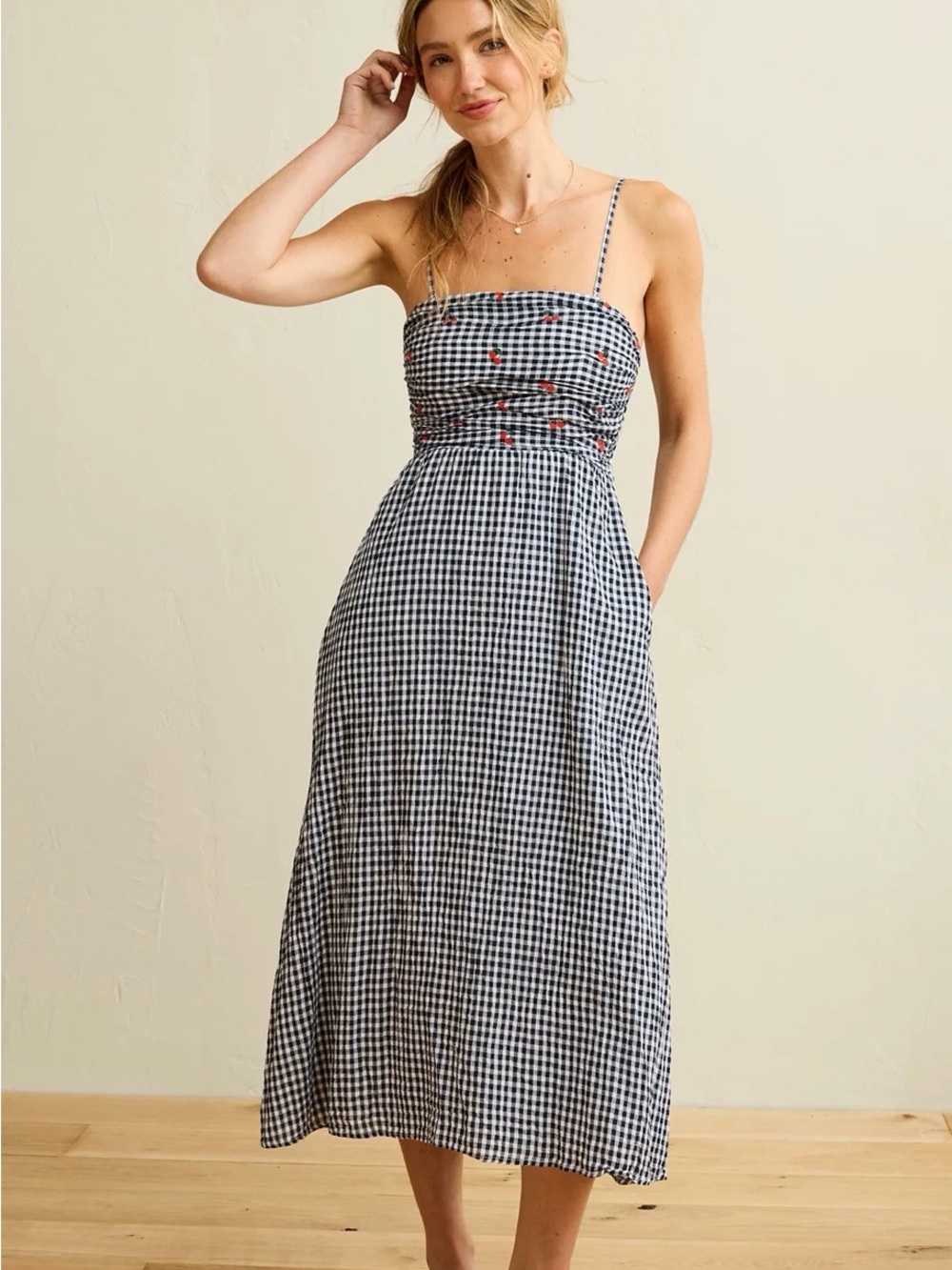 NWT- AEO Gingham Smocked Midi Dress - Navy & White